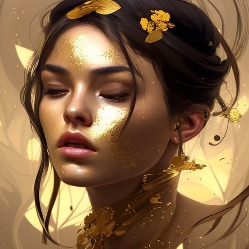 Woman with Gold Flowers, Detailed Digital Portrait