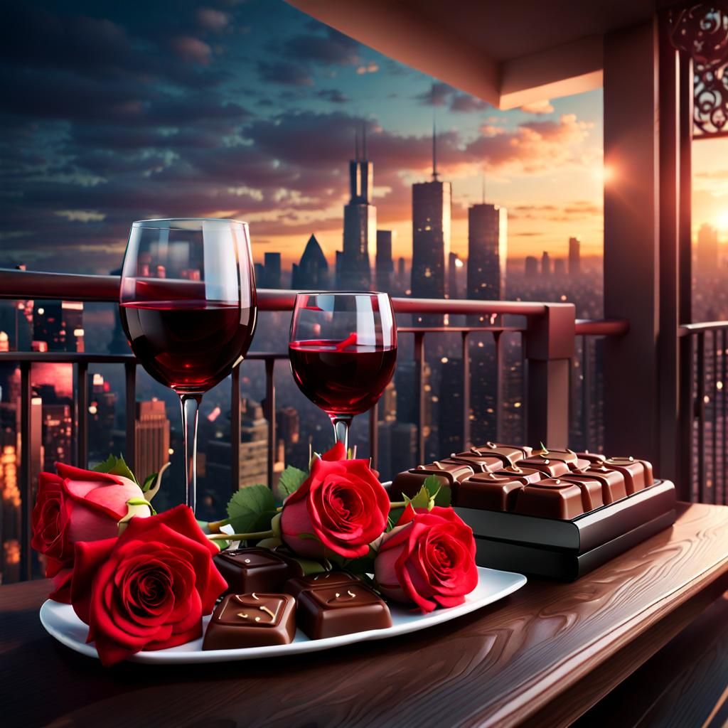 Chocolates and Roses with red wine on a balcony with a city view