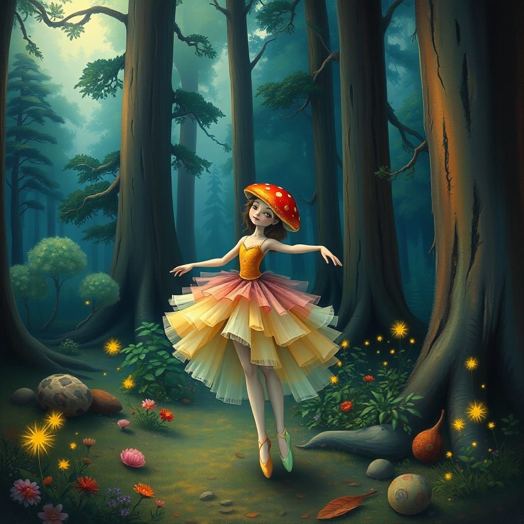 Ballerina in Whimsical Forest Landscape