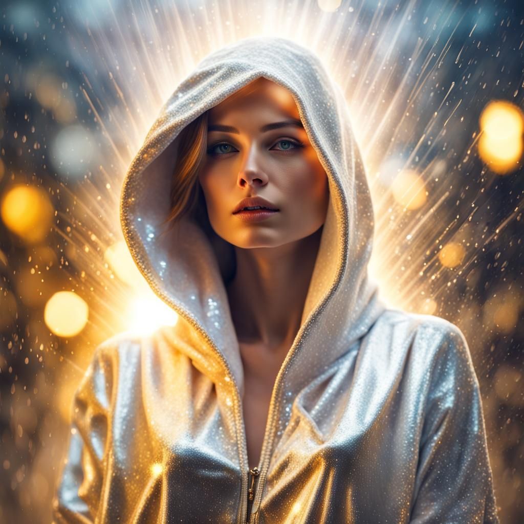 Beautiful Woman in Silver Hoodie in Magical Rain