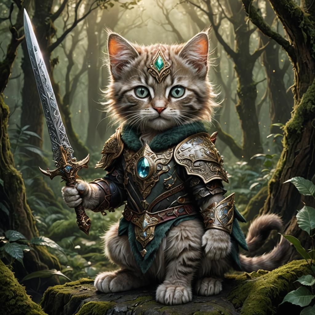 Elven Kitten Warrior in Dark Forest: Masterpiece Art
