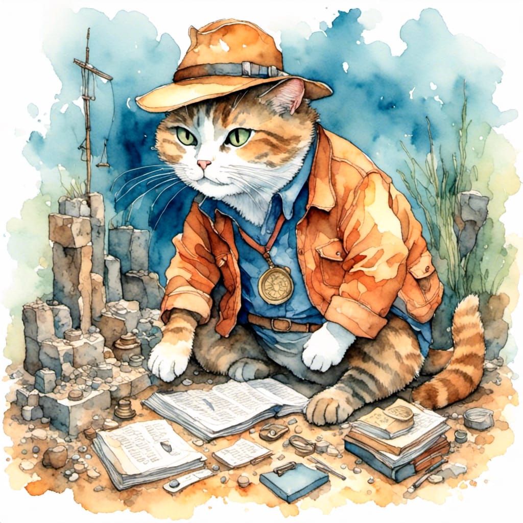 Cat Archaeologist Illustration