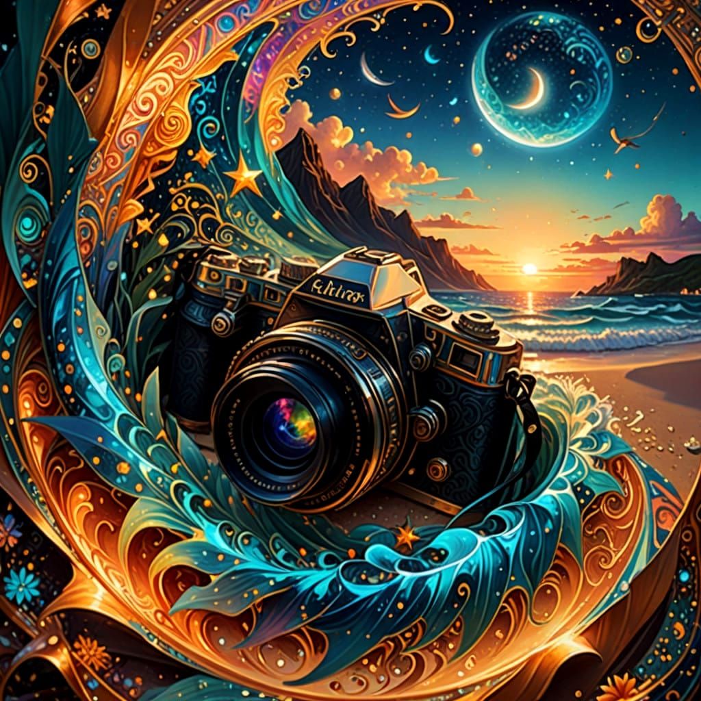 Surreal Cosmic Beach Scene at Sunset