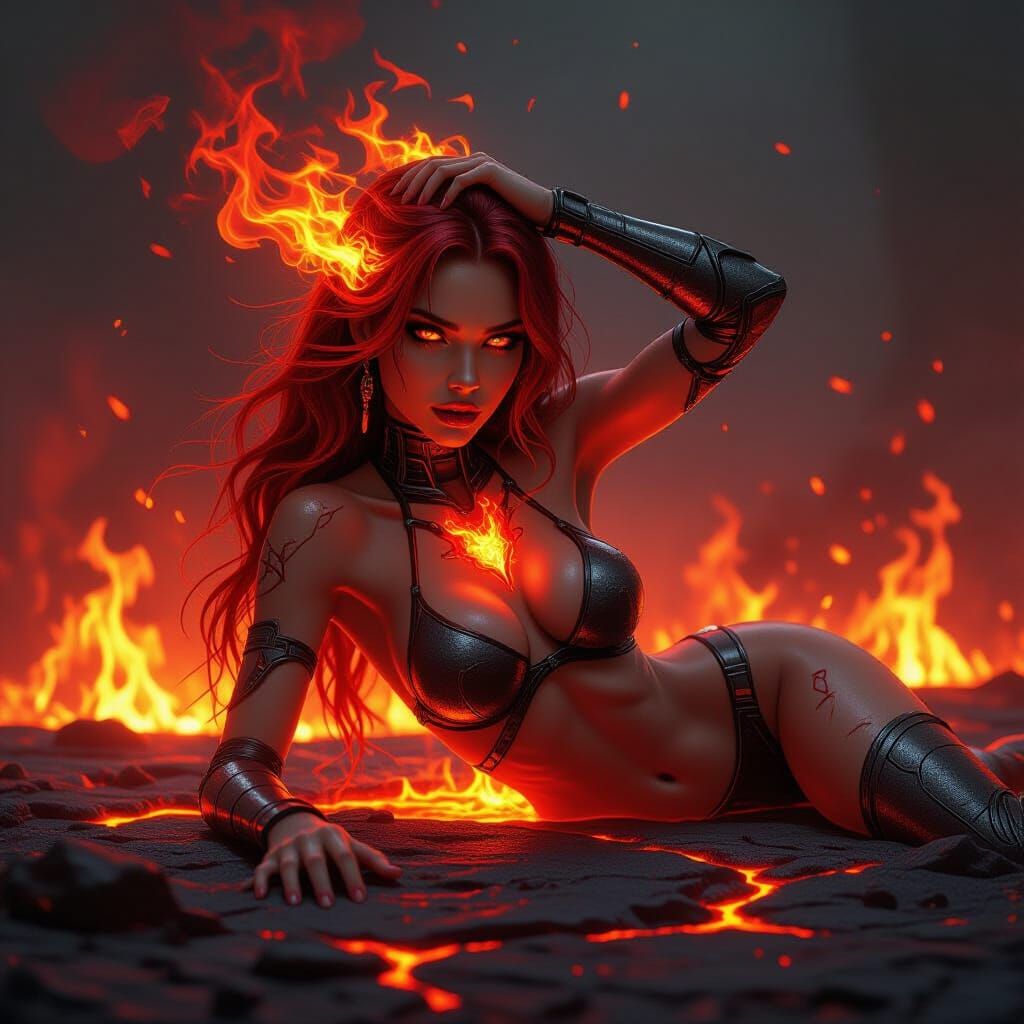 Fiery Golem on Lava in a Magical Aura