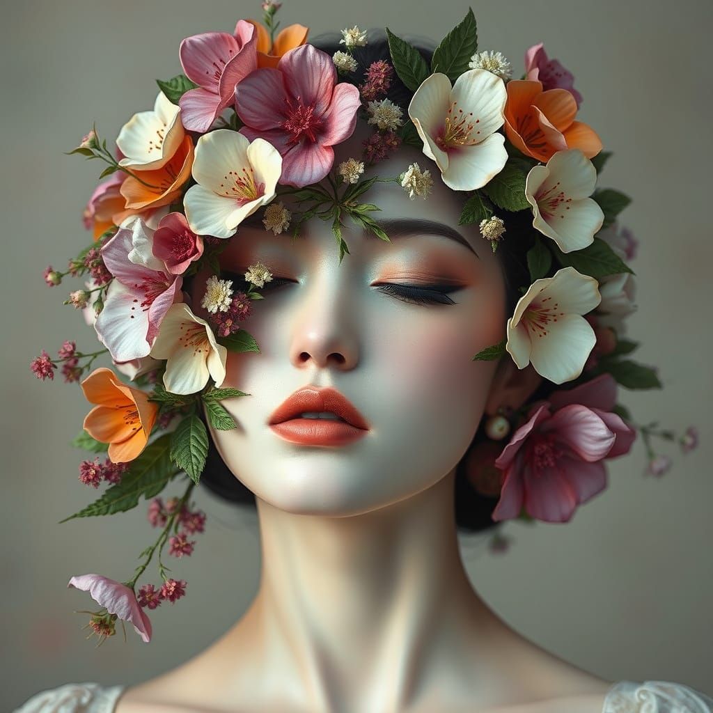 surreal portrait of a woman with serene features, her face partially covered in intricate organic textures resembling fl...