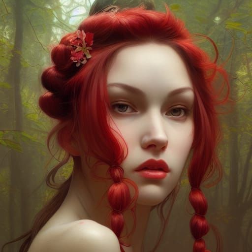 Flower Woman Portrait in Forest, Detailed Digital Art