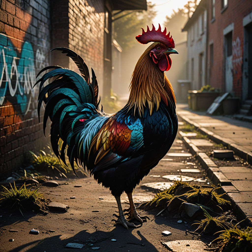 Vibrant Rasta Rooster in Neon Graffiti Style on Rusty Farm