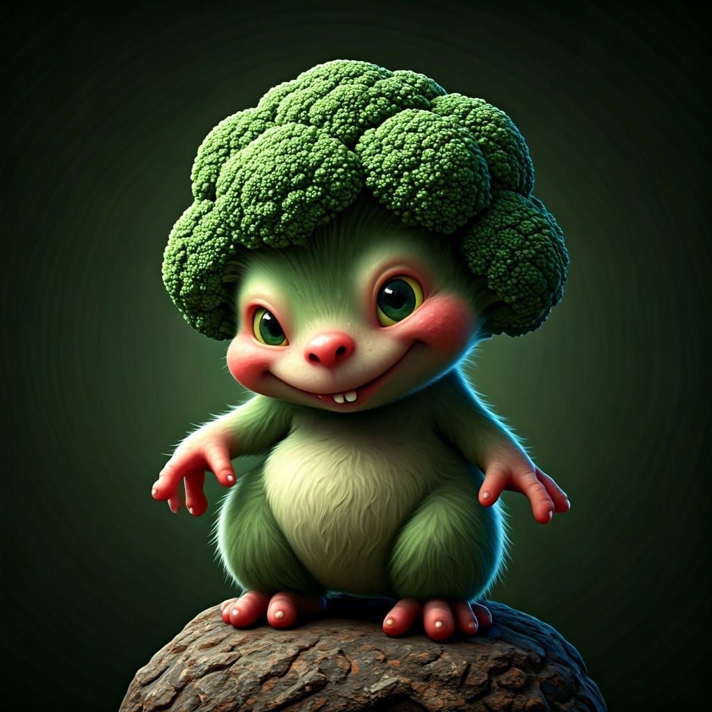 A Whimsical, Mischievous Creature Inspects a Green Broccoli....