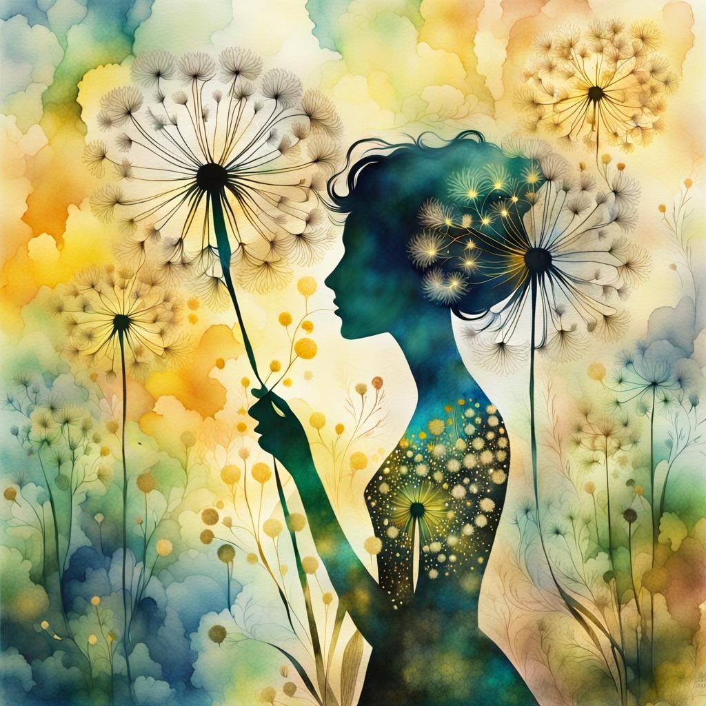 Dandelion Woman in Surrealist Fractal Watercolor Art