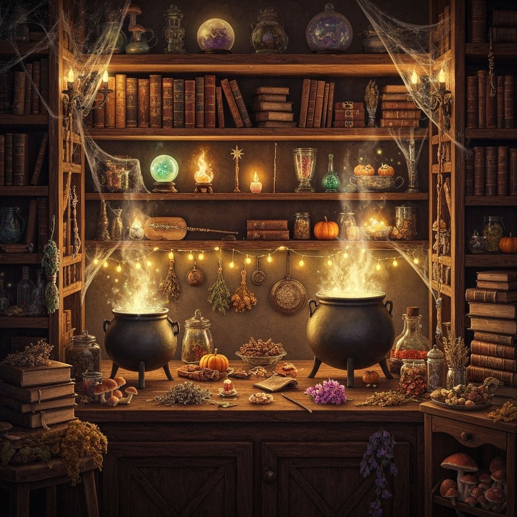Cozy Witch's Kitchen at Halloween in Magical Realism Style