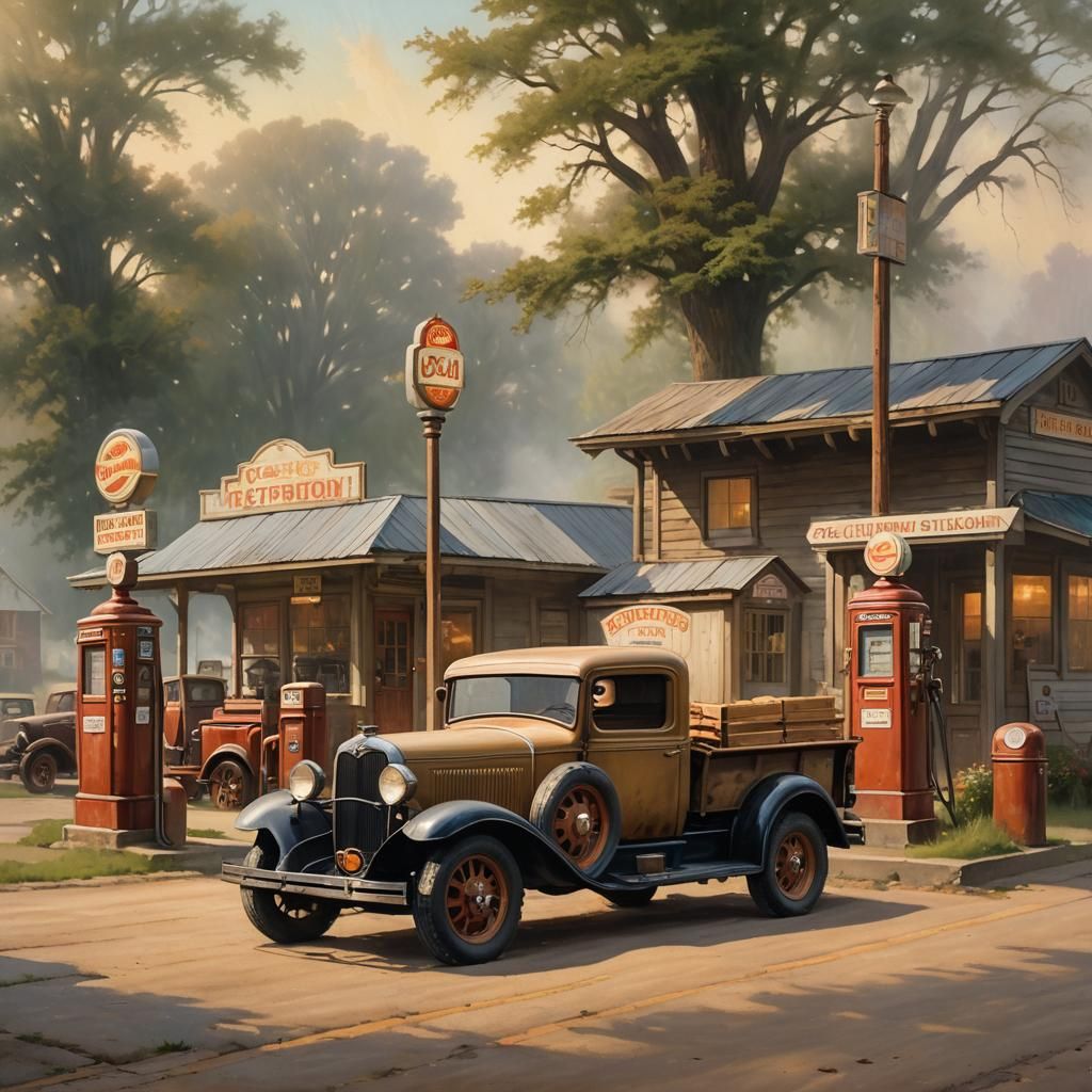 Nostalgic 1930s Gas Station in Oil Painting Style
