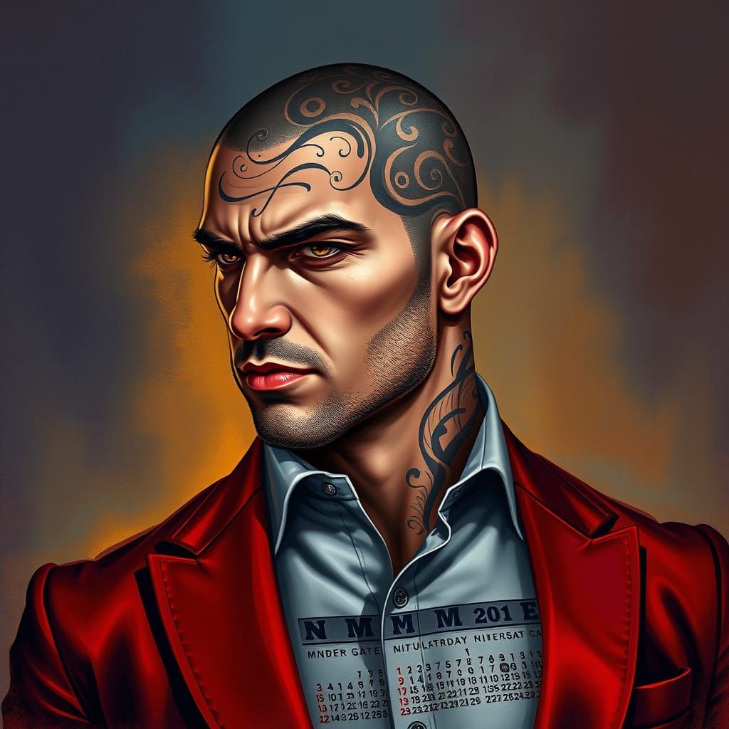 Man with Tattooed Months in a Bold, Graphic Suit