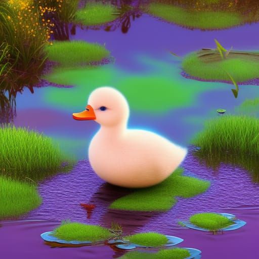 Cute Purple Duck in Pond: Detailed Matte Painting