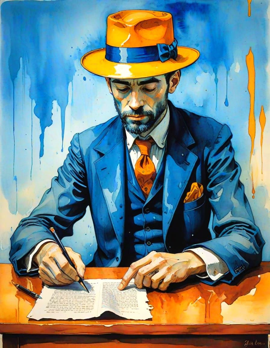 A man in blue suit writing letter