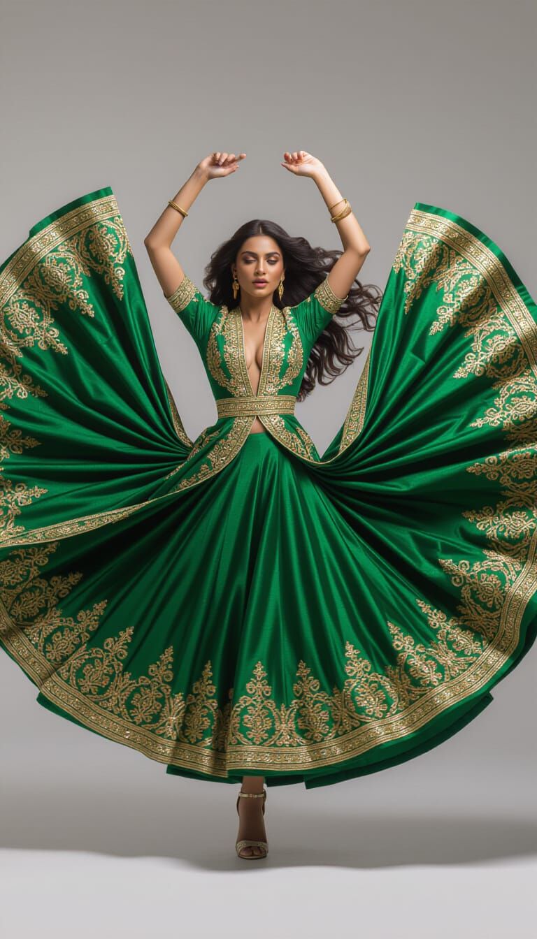 Goddess in Emerald Anarkali Gown Mid-Spin