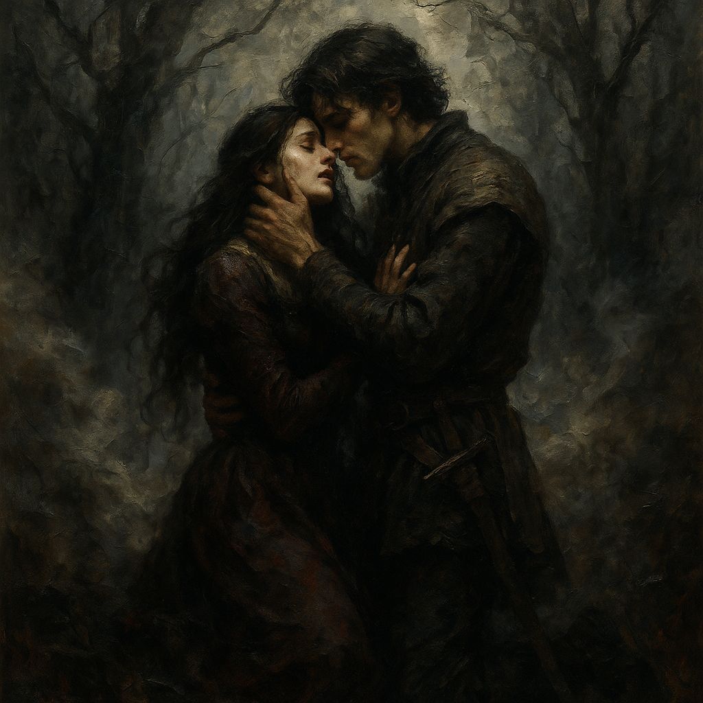 Medieval Couple's Last Embrace in Haunted Forest