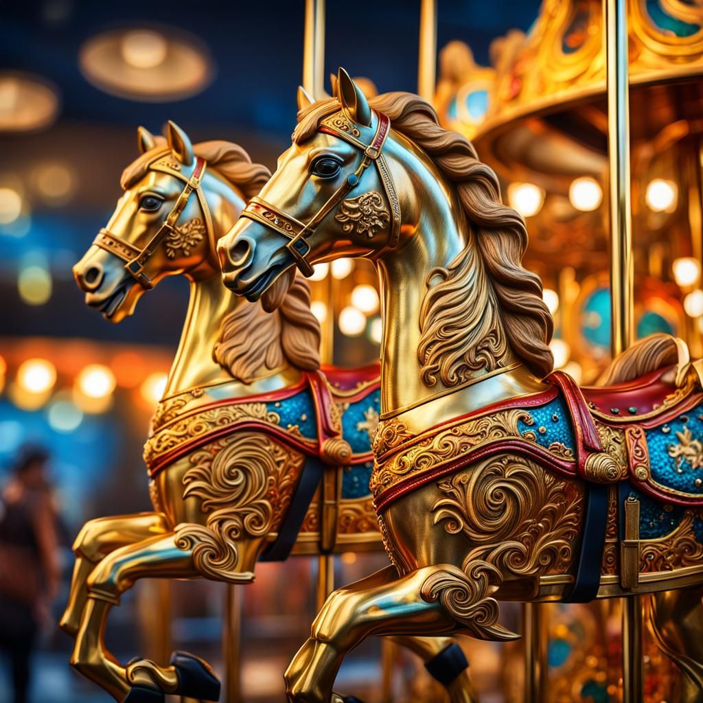 Golden Carousel Horses in Photorealistic Style