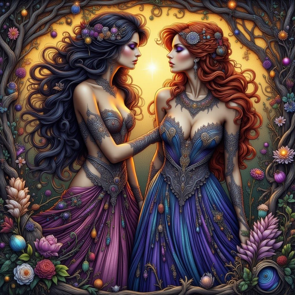 Divine Beings in Glowing Forest, Art Nouveau Style