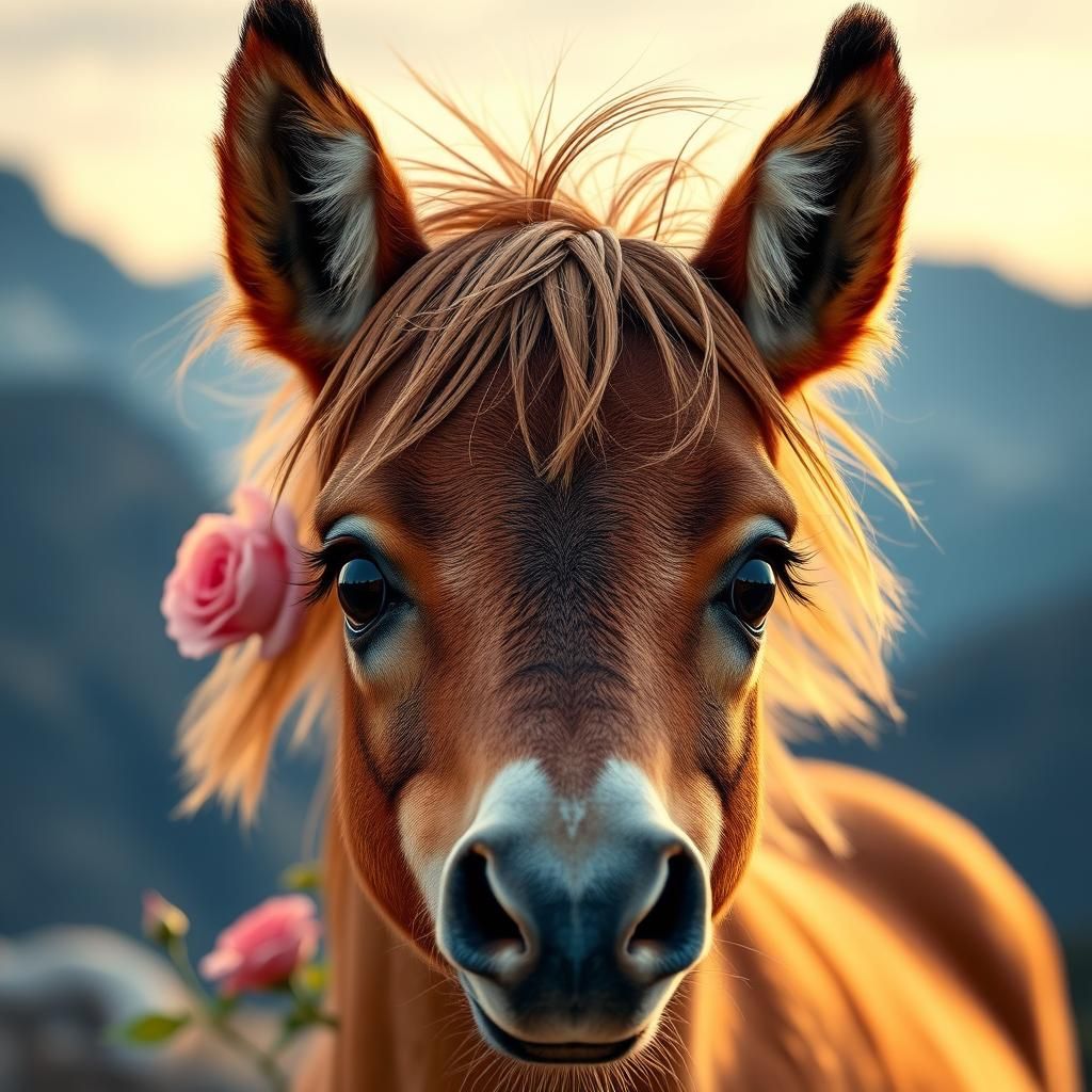 Adorable Baby Horse Hybrid Creature in Roses