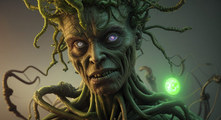 Glowing, Twisted Biopunk Grape in Dystopian Ruins