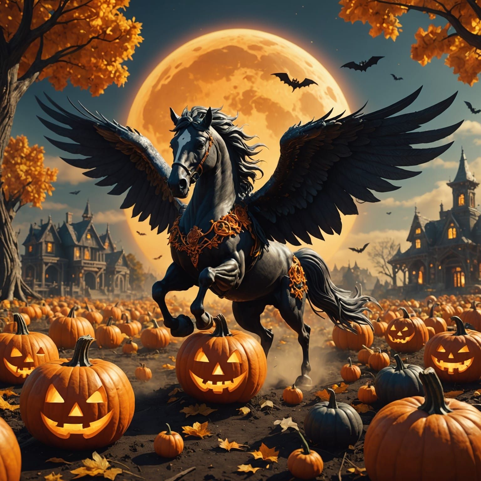 Halloween Pegasus Among Glowing Pumpkins