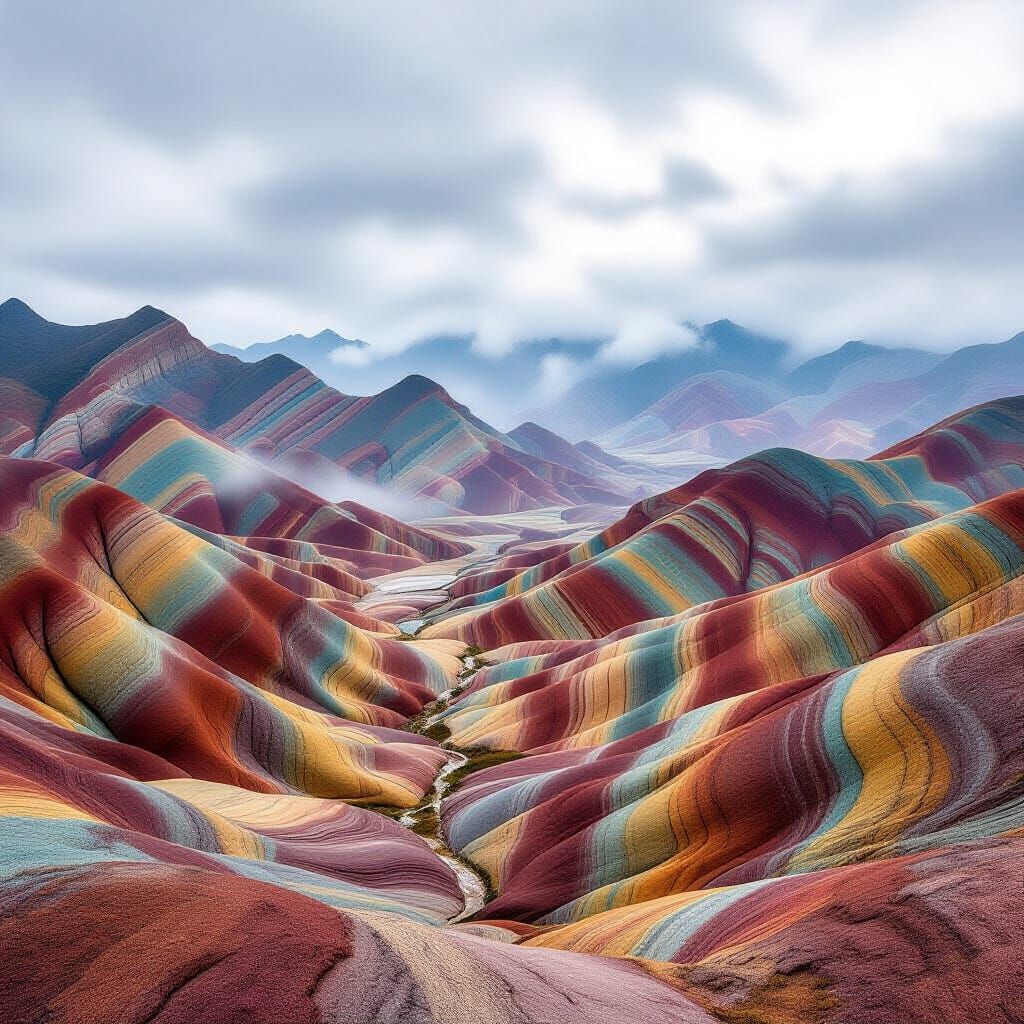 China's Rainbow Mountains Under Overcast Skies
