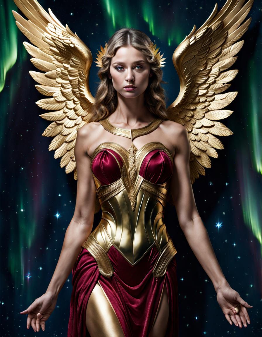 gold, ruby and silver 3D angel art In style of artist tim flach, ((starry night with aurora borealis glowing in backgrou...