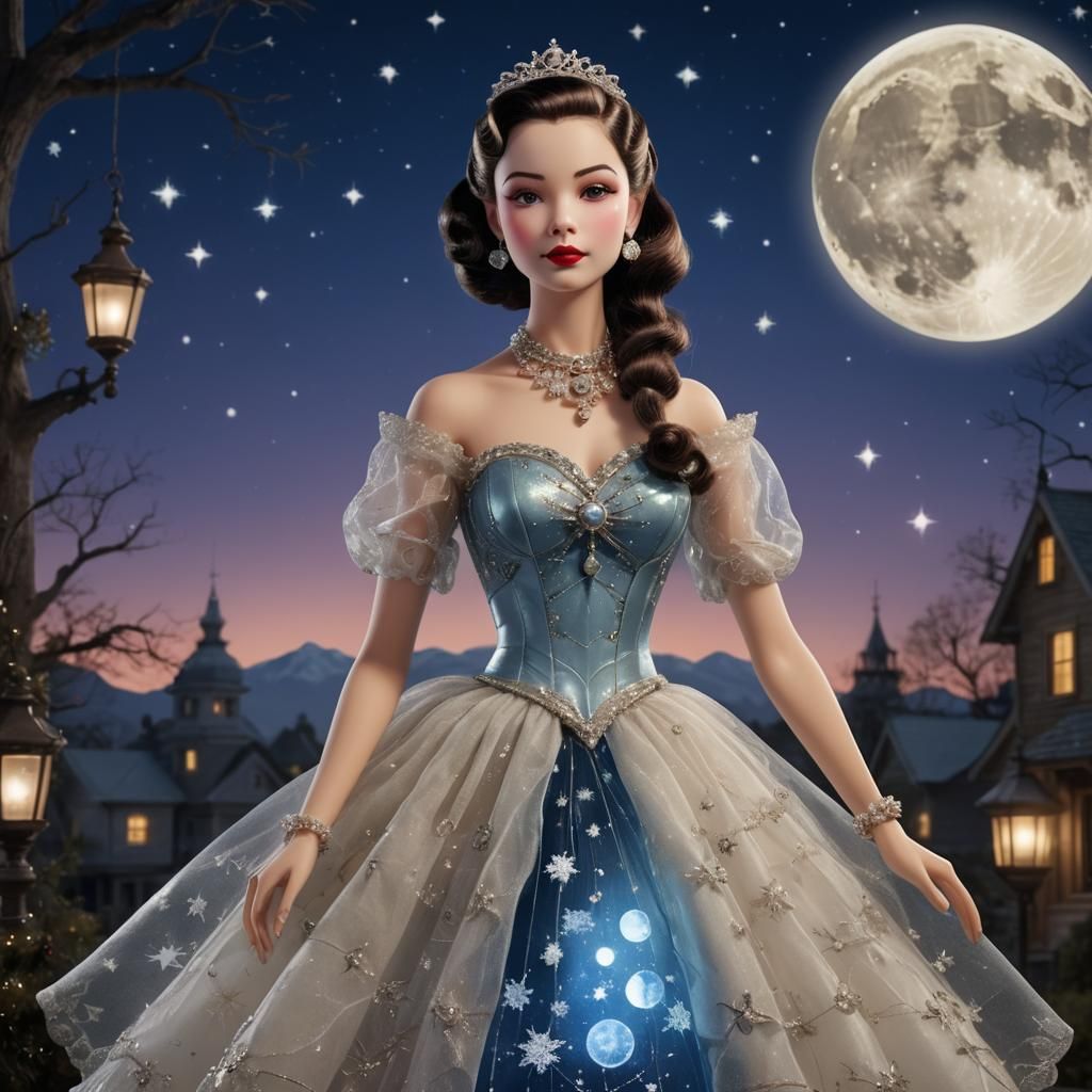 Mechanical Doll in Glass Dress Under Plastic Moon