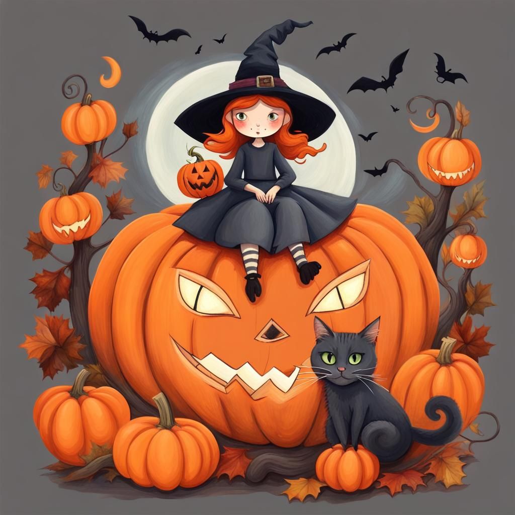 Cute Witch and Cat on Spooky Pumpkin, Gouache Style