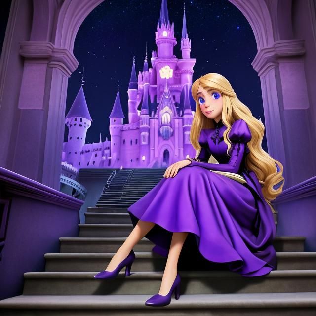 Blonde Teenager in Violet Gown in Gothic Castle
