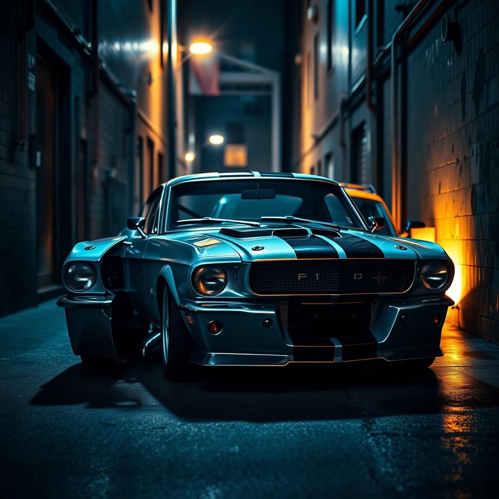 Silver and Black Mustang Eleanor in Atmospheric Alleyway