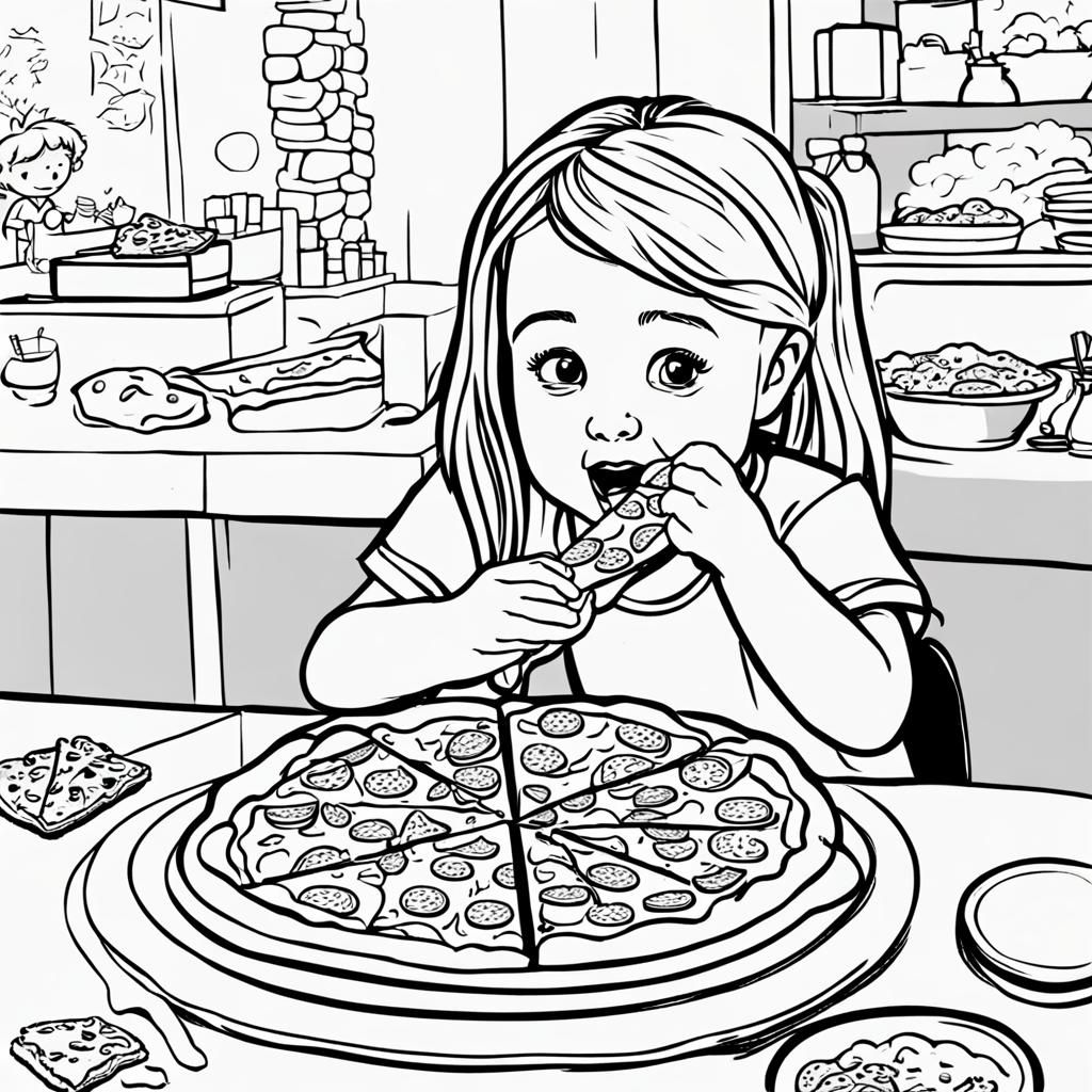 Coloring Page: Little Girl Eating Pizza
