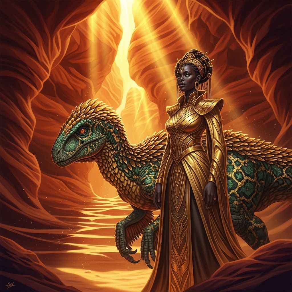 Woman and Dinosaur in Golden Desert Cave