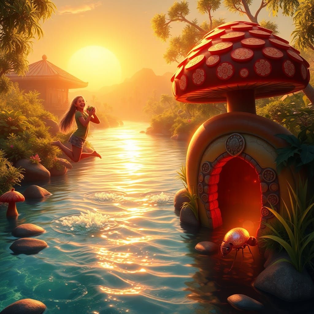 Joyful River Scene in High-Fantasy Style
