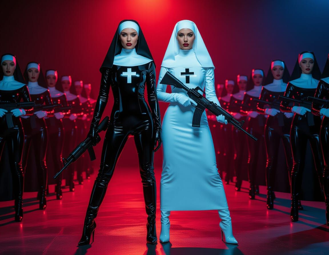 Latex Nuns in Catsuits Wielding AK-47s in Film Noir Style