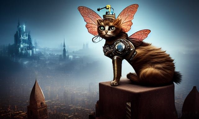 Steampunk Fairy Cat in Dystopian Cityscape