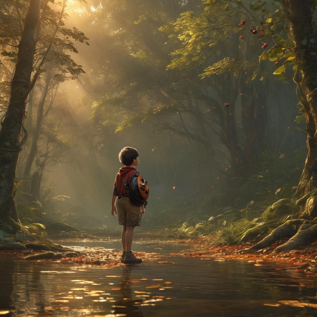 Boy and Ladybug Encounter in Whimsical Forest