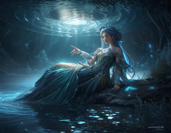 a celestial mermaid, her flowing hair and tail made of shimmering clouds, gracefully swimming through the starlit skies.