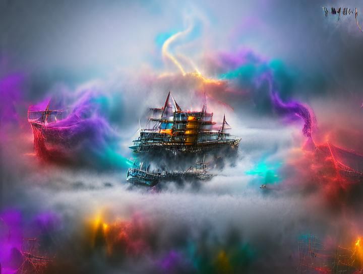 Pirate Ship Sailing Into Misty Fog