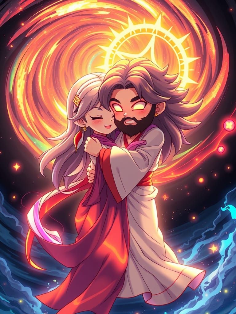 Anime Style Chibi Jesus and Woman Embrace
