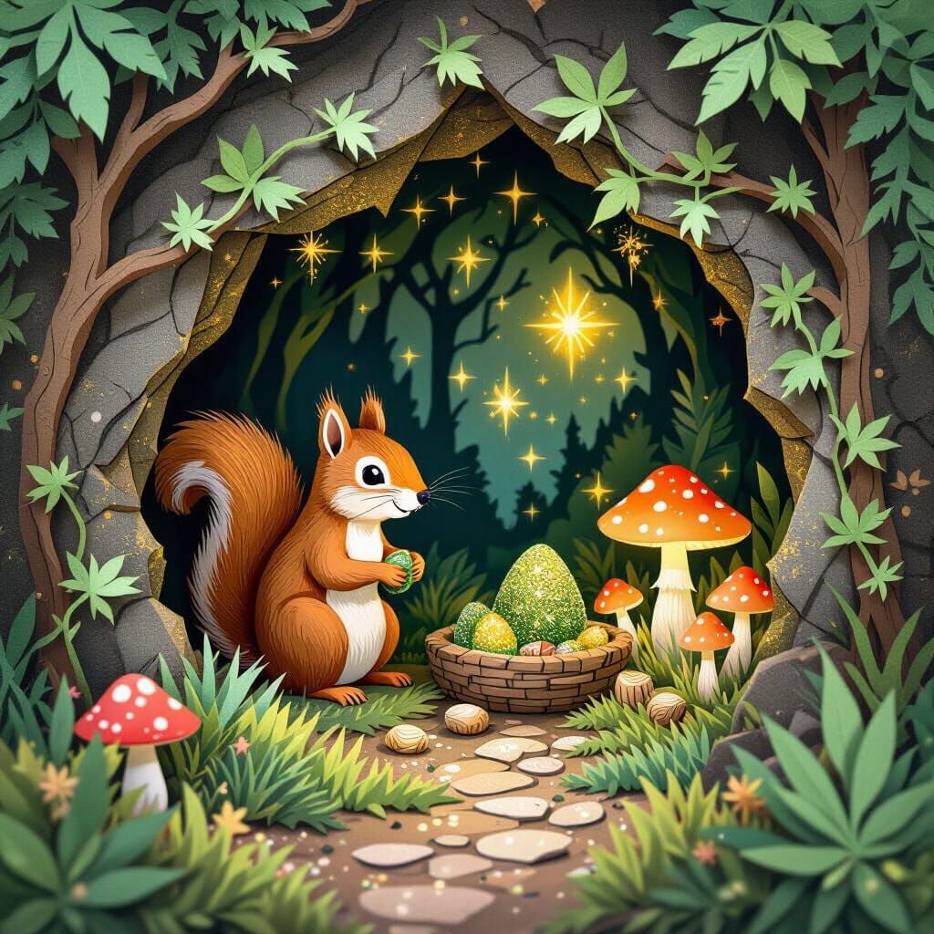 Magical Forest Cave Diorama with Glittering Details