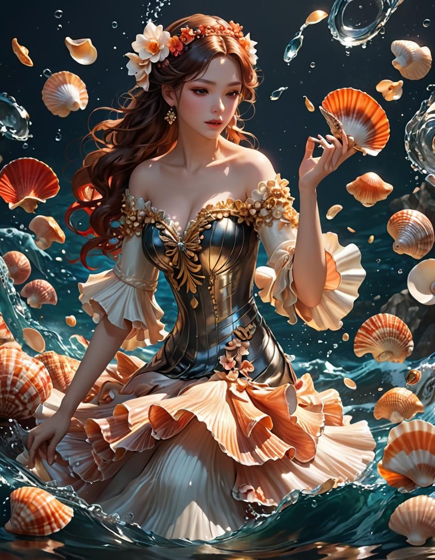 Seashells and Flowing Water in Anime Style