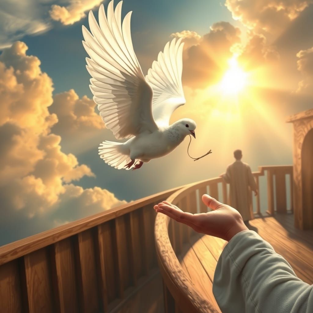 Dove Returns to Noah on the Ark in Heavenly Sunshine