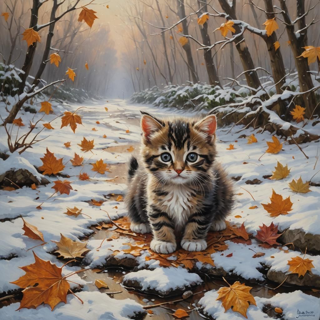 Kitten Playing in Snow, Oil Painting by Gurney