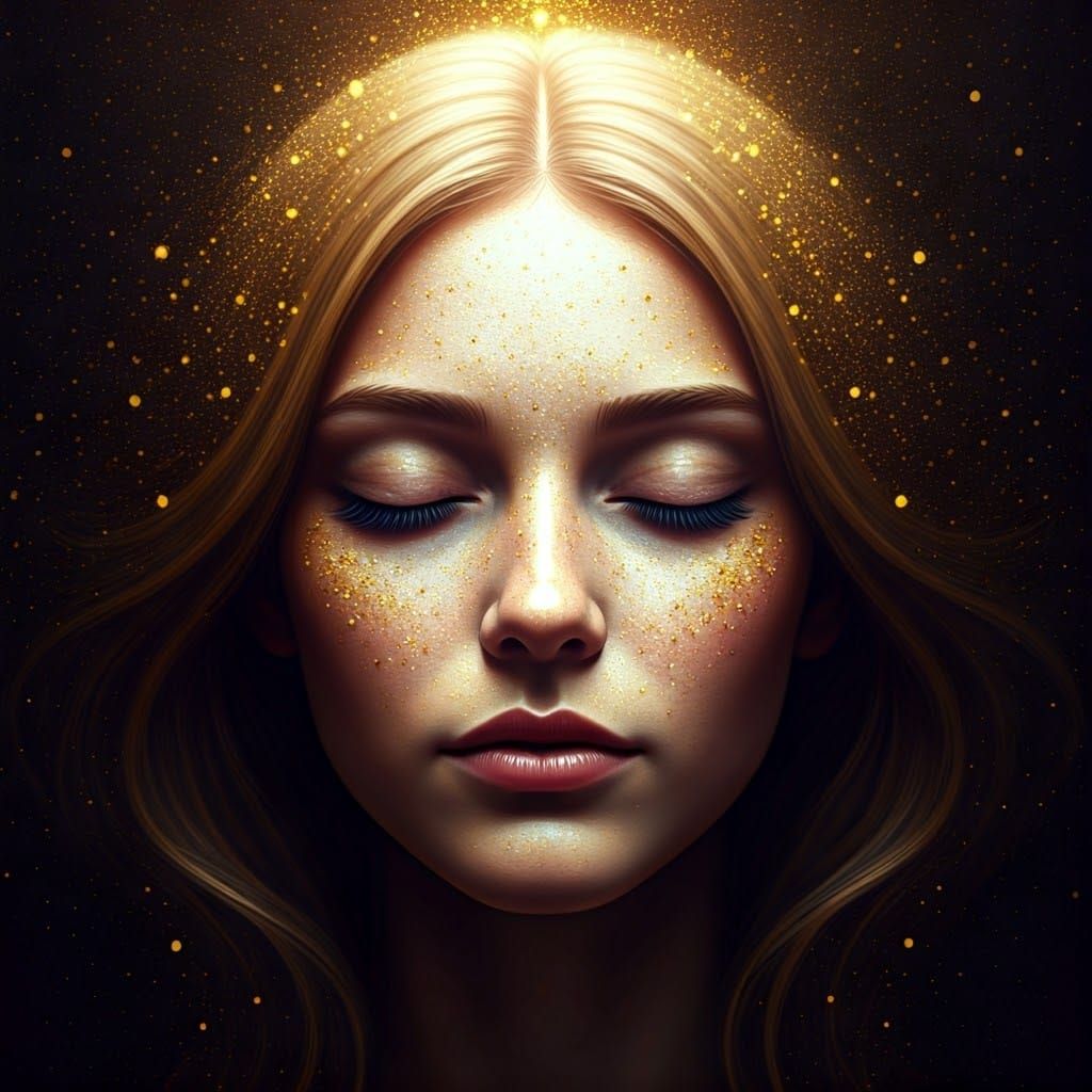 Celestial Dreaming Woman in Glittering Golden Rain