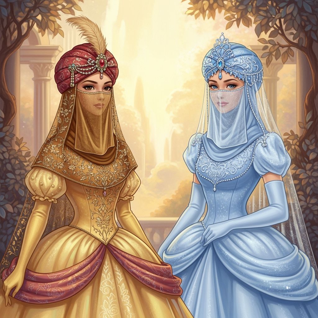 Belle and Cinderella in Fantasy Ball Gowns with Niqabs and T...