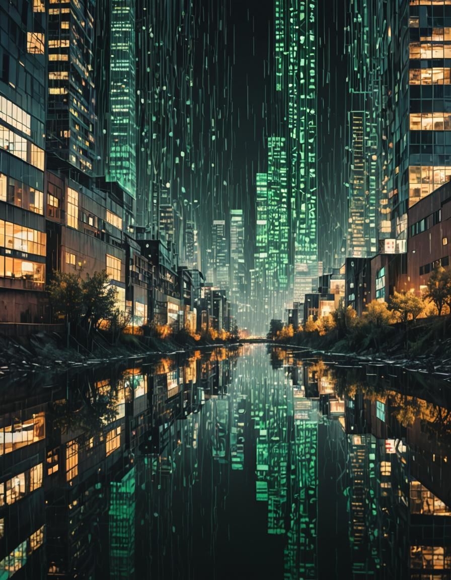 Riverfront City Mirrored in Matrix Code Glitch