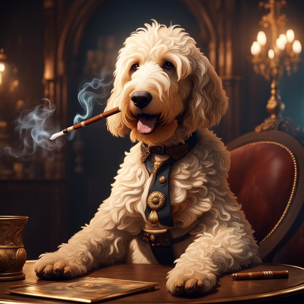 Golden Doodle Dog Smoking Cigar: Fantasy Concept Art