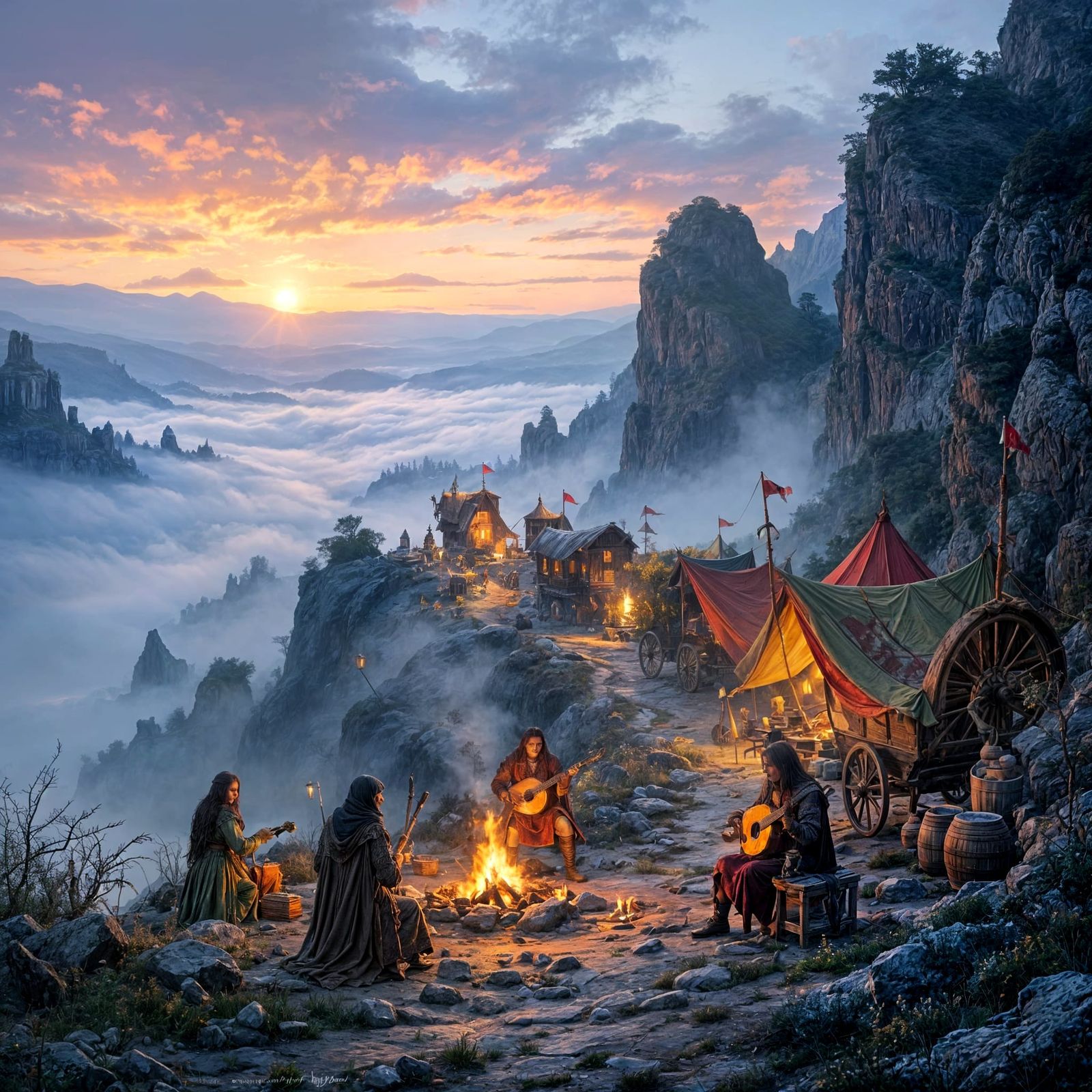 Gothic Fantasy Vistani Caravan in Misty Landscape