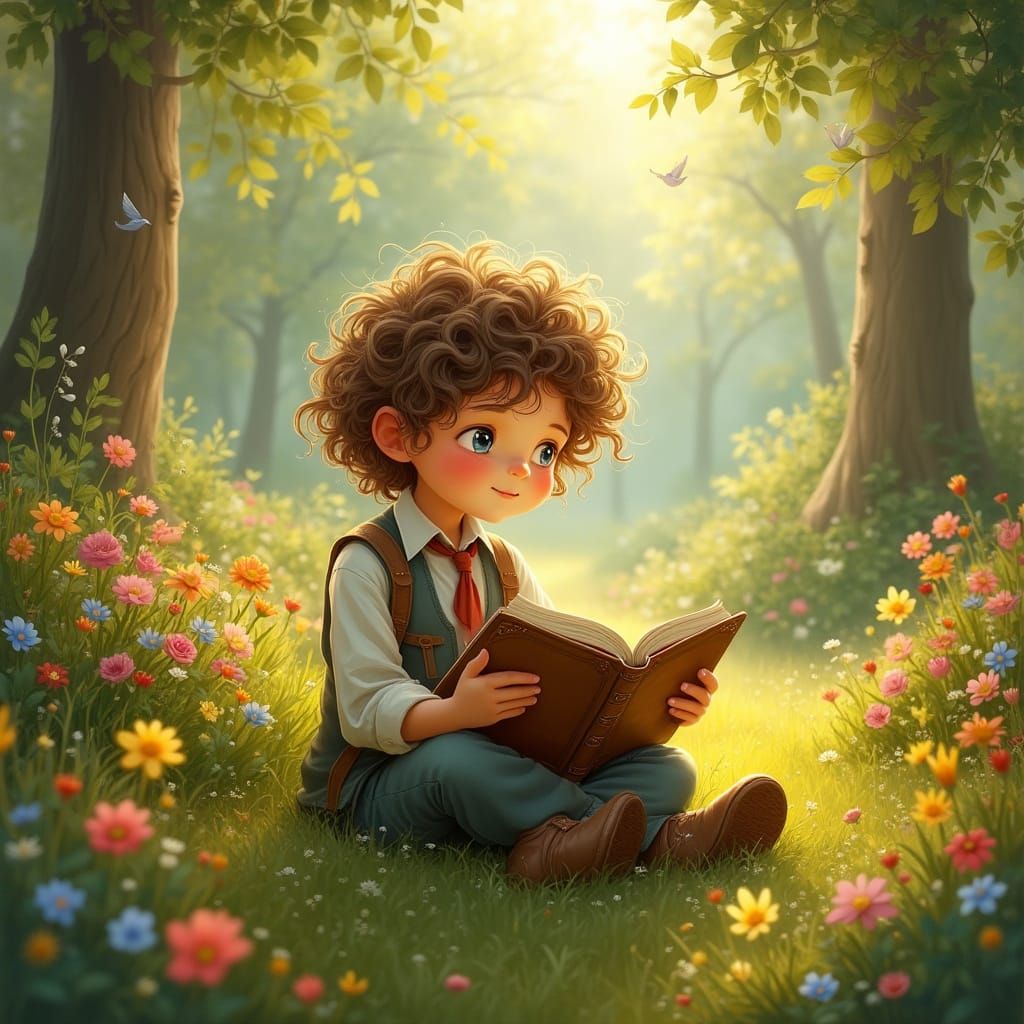 Boy with Talmud in Enchanted Meadow, Rackham Style